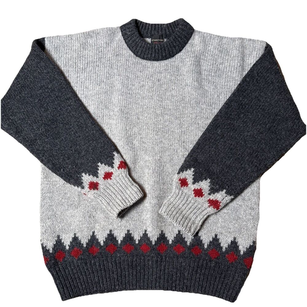 VTG STRUCTURE Shetland 100% Wool Men’s Sweater Fair Isle Pattern Gray Sz M Layer